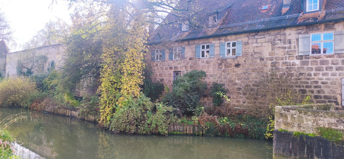 A serene view showcases a stone building with several windows surrounded by lush greenery. The building reflects a historical character and is situated alongside a calm canal, where plants and trees create a natural border along the water's edge.