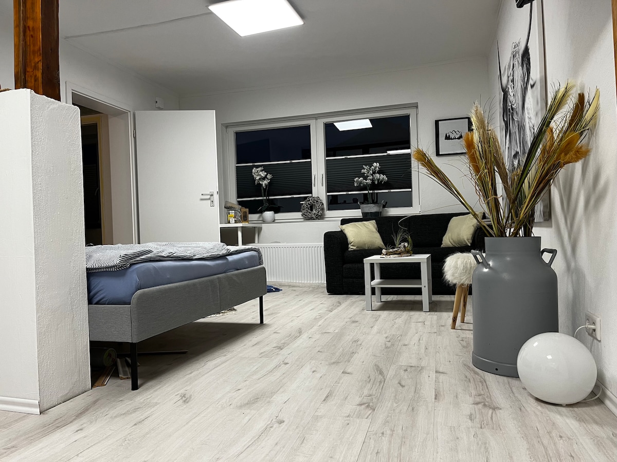 A well-lit living space features a spacious bed and a comfortable couch. Decorative plants add a touch of nature, while modern furniture creates an inviting ambiance. Large windows allow natural light to fill the room, enhancing the open and airy feel of the space.