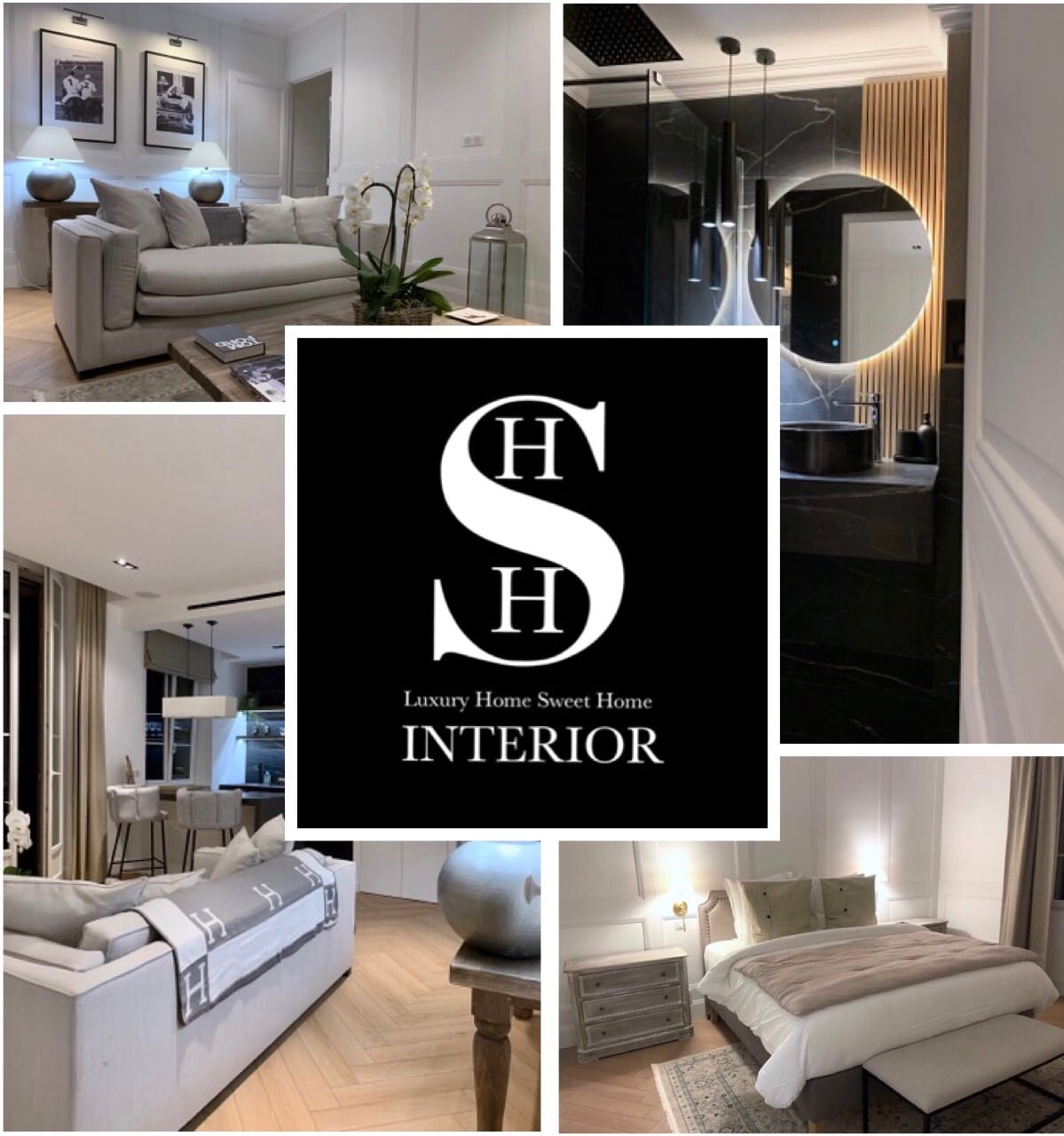 A modern living space is highlighted with a plush sofa and elegant artwork on the walls. Soft lighting illuminates a cozy sleeping area featuring a spacious bed with decorative pillows. A sleek bathroom reflects light from a circular mirror, blending sophistication with comfort.