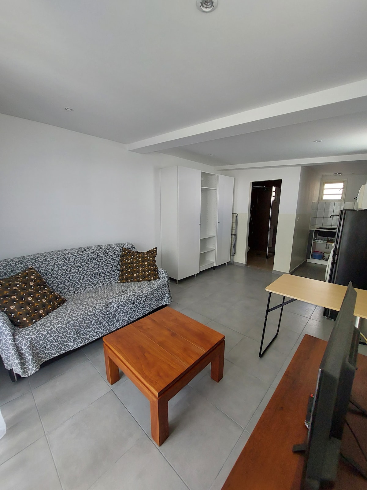 A bright living area is highlighted by a comfortable sofa adorned with patterned pillows. A wooden coffee table sits in the center, accompanied by a small dining table. Behind, built-in shelves provide storage, while a view into the kitchen is visible.