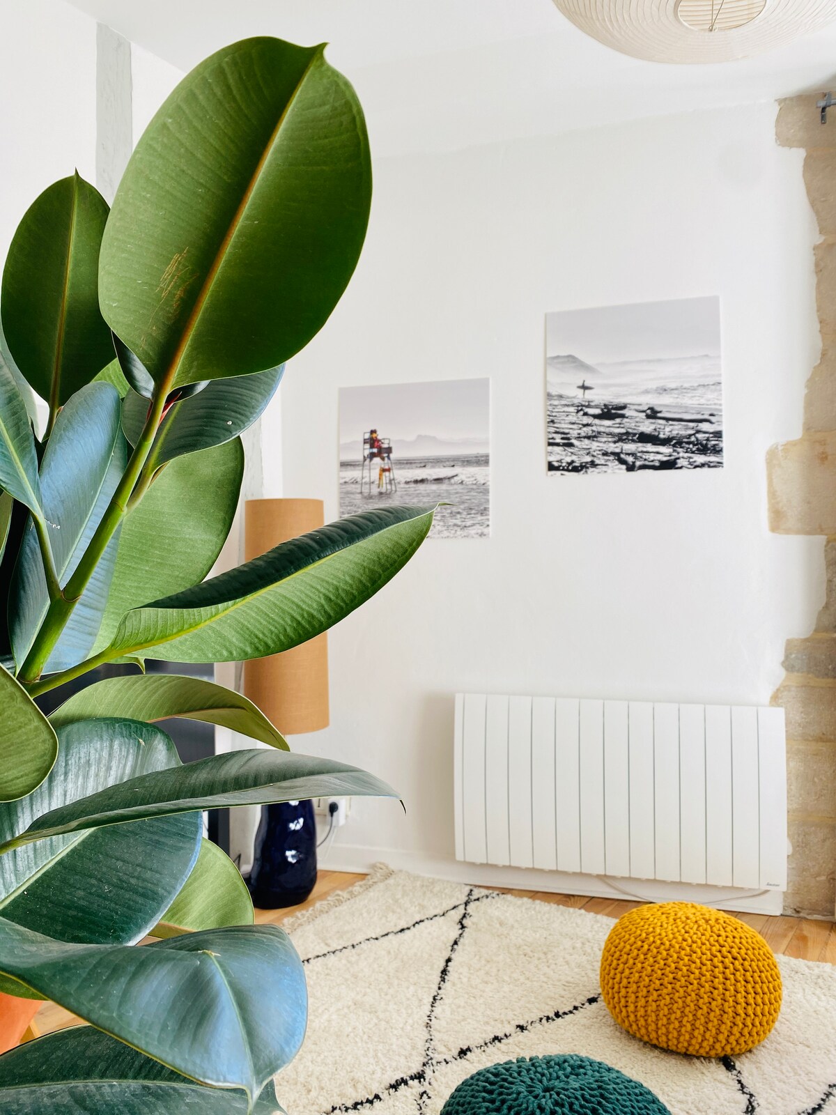 A living area is depicted, featuring a large leafy plant in the foreground. Two black-and-white photographs are mounted on the wall, and a cozy area rug is visible. Two textured poufs in vibrant colors add a pop of contrast to the serene space.