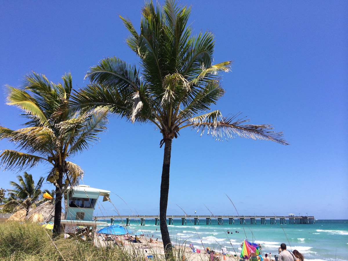 Palm trees frame a vibrant beach scene, with golden sand meeting the turquoise waters of the ocean. A lifeguard tower stands nearby, and a fishing pier extends into the distance. Various beachgoers enjoy the warm sun and gentle waves under a clear blue sky.
