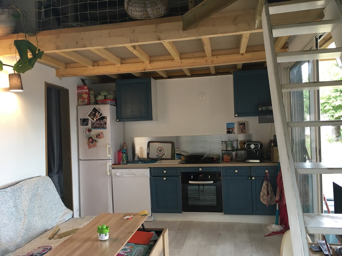 An open kitchen area is complemented by blue cabinetry and modern appliances. A dining table is positioned in front of a cozy sofa. A staircase leads to a lofted sleeping area, partially visible above the kitchen, while natural light enters through large windows.