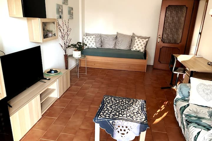  Le salon, très confortable, dispose d'une télévision qui vous permettra également de voir Netflix  et Disney+, une connexion Wi-Fi rapide dans toute la maison, un bureau, deux canapés dont l'un peut être transformé en  un/deux lits simples.