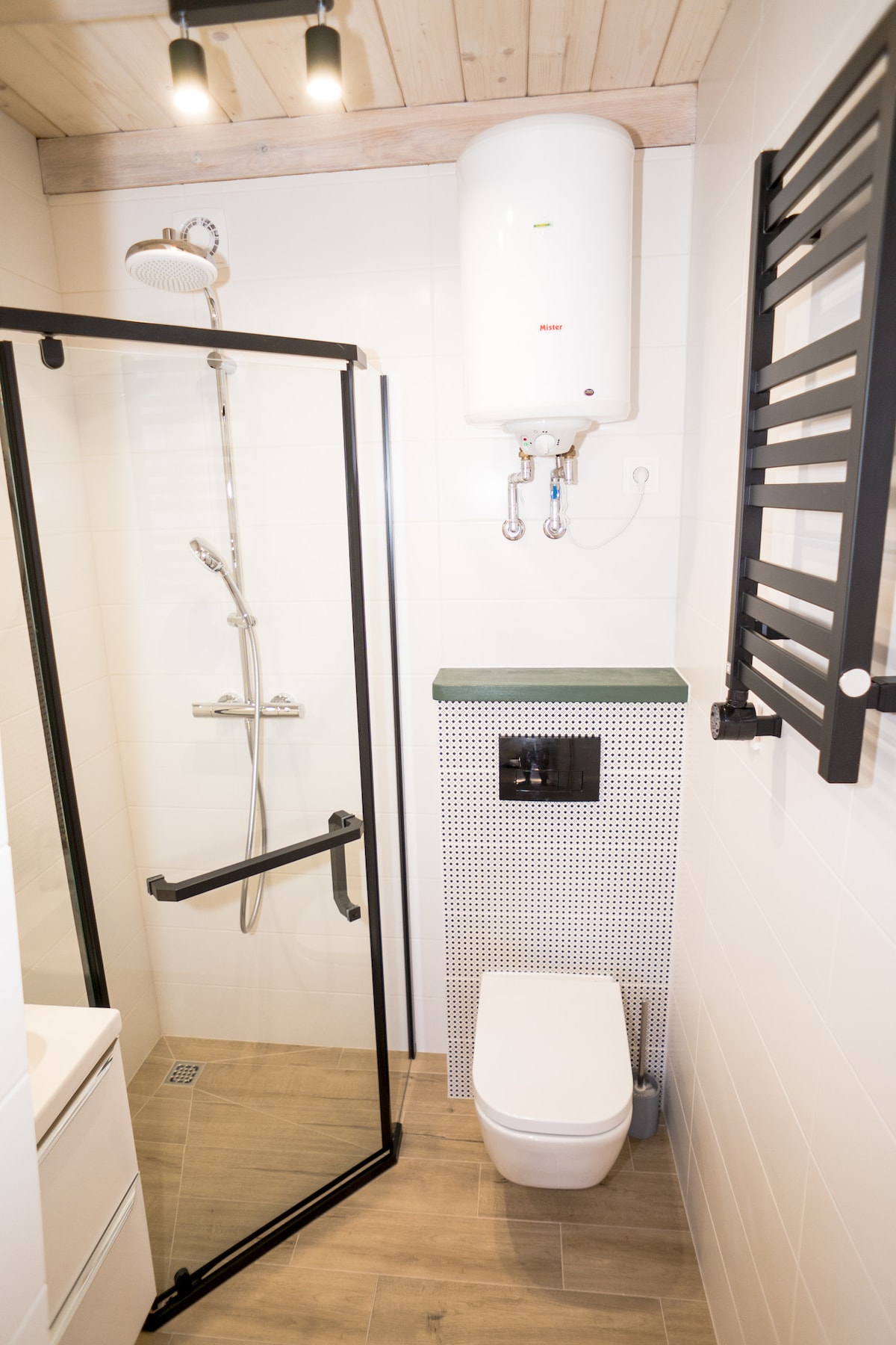 The bathroom features a modern shower with a glass enclosure and adjustable showerhead. A sleek toilet is positioned beside a stylish radiator. The space is adorned with neutral tiles and a minimalist sink, creating a clean and functional environment.
