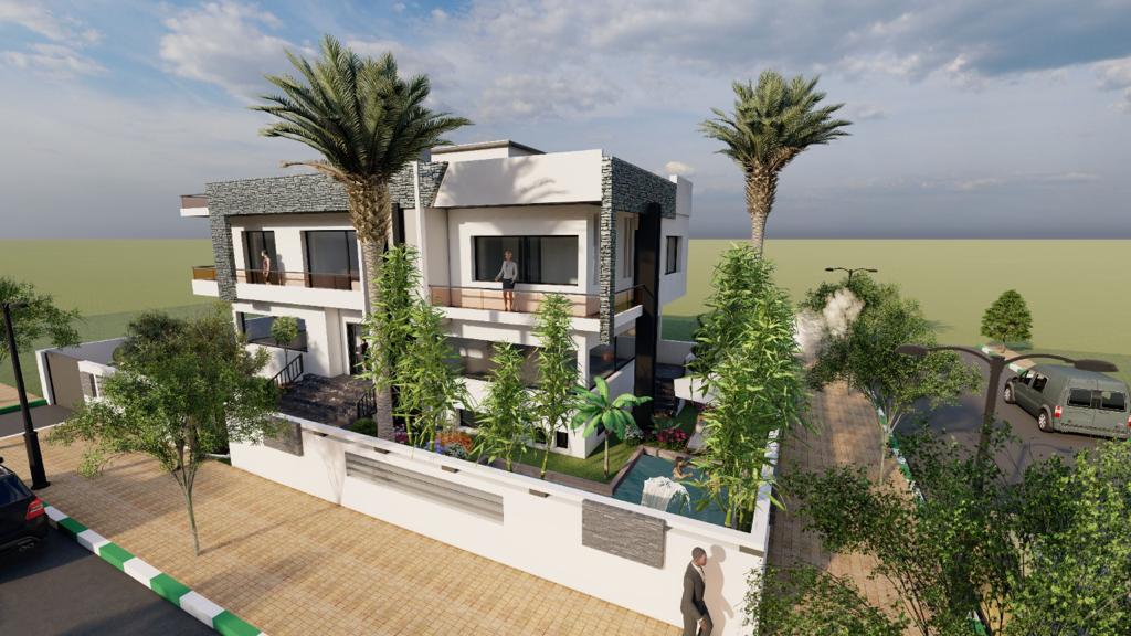The modern villa is surrounded by lush greenery, featuring tall palm trees and manicured gardens. A spacious exterior is visible, showcasing large balconies and multiple levels. The inviting pathway leads to the entrance, highlighting the contemporary architecture against an expansive natural backdrop.