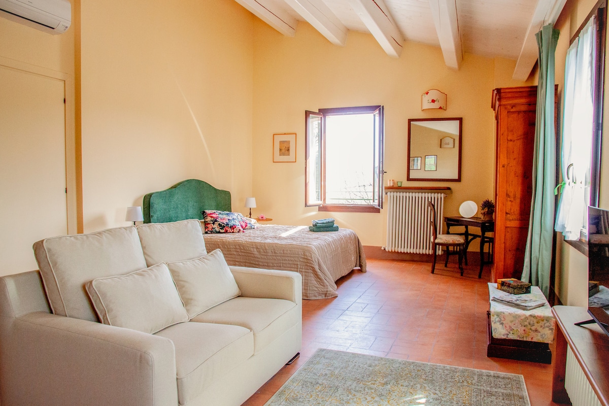 A spacious room features a double bed with a textured blanket and a bedside table on each side. A light-colored couch is positioned opposite a mirror and a wooden wardrobe. Natural light filters through windows, illuminating the warm-colored walls.