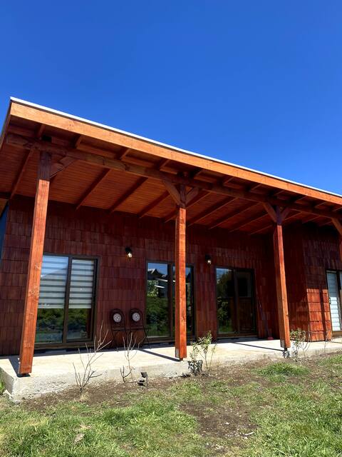 Cheerful cabin with a wood-burning stove