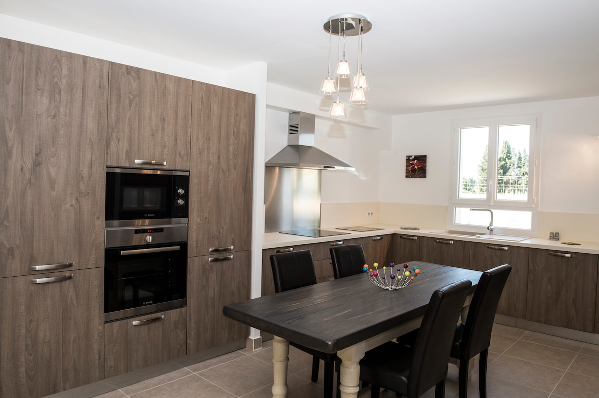 A modern kitchen features dark wooden cabinetry and stainless steel appliances. A spacious dining table with six dark chairs is centrally positioned, and a decorative centerpiece adds a subtle touch. Ample natural light is provided by large windows above the sink.