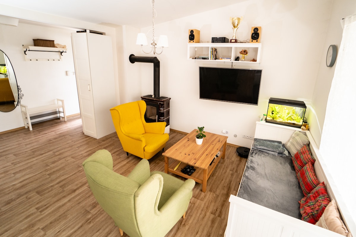 A bright living area is furnished with a yellow armchair and a green armchair, arranged around a wooden coffee table. A television is mounted on the wall, with shelves above featuring decorative items. A fish tank adds a tranquil touch, and natural light illuminates the space.