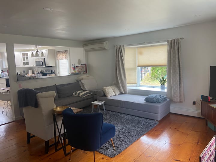 Esta sala de estar tiene un sofá cama extraíble y el sofá cama CB2 se puede colocar para hacer una cama casi tamaño queen.