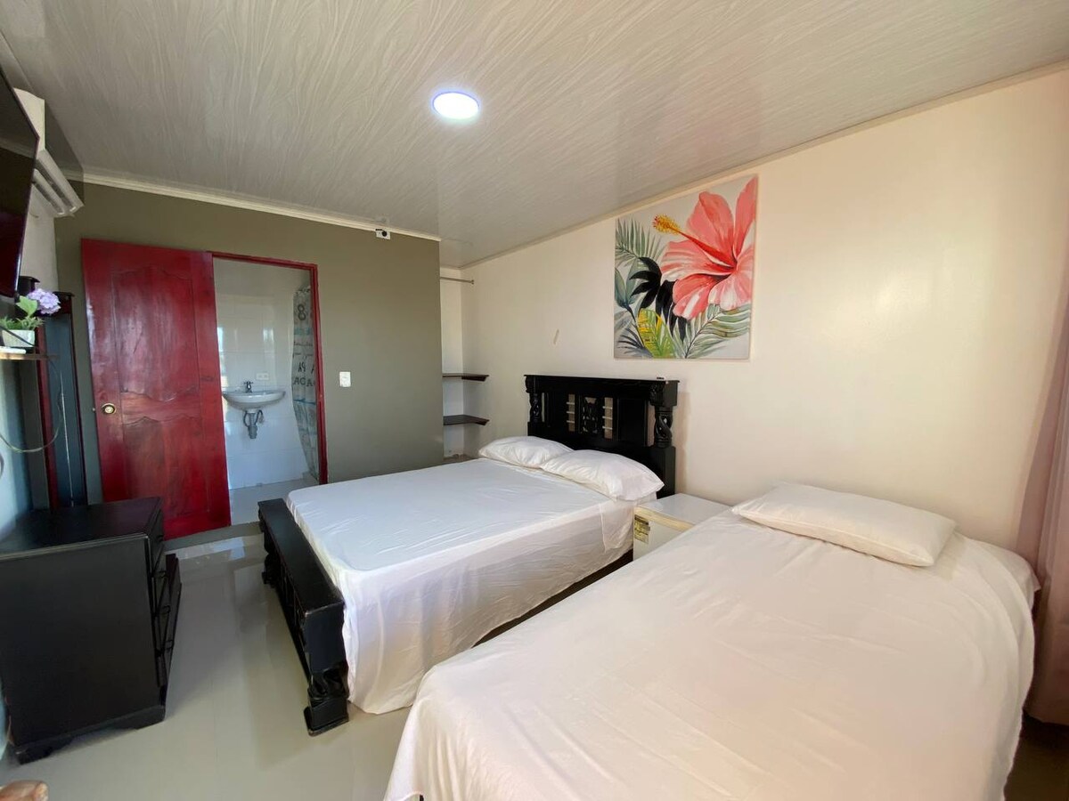A room with two spacious beds is shown, one with a white coverlet and a pillow. A vibrant floral painting decorates the wall above the bed. A red door leads to a private bathroom, while a small shelf and a television stand are present in the room.