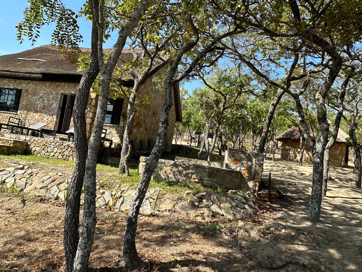A rustic stone building sits amidst a grove of trees, with a pathway lined by natural stone. Outdoor seating is arranged on a patio, inviting relaxation in the shade. The surrounding landscape features earthy tones and a blend of foliage, enhancing the natural ambiance.