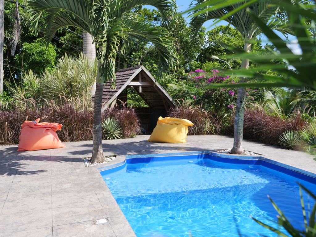 A clear blue swimming pool is framed by tropical plants and palm trees. Two brightly colored bean bag chairs in orange and yellow are positioned beside the pool, complementing a small wooden structure in the background, which is set against lush greenery.