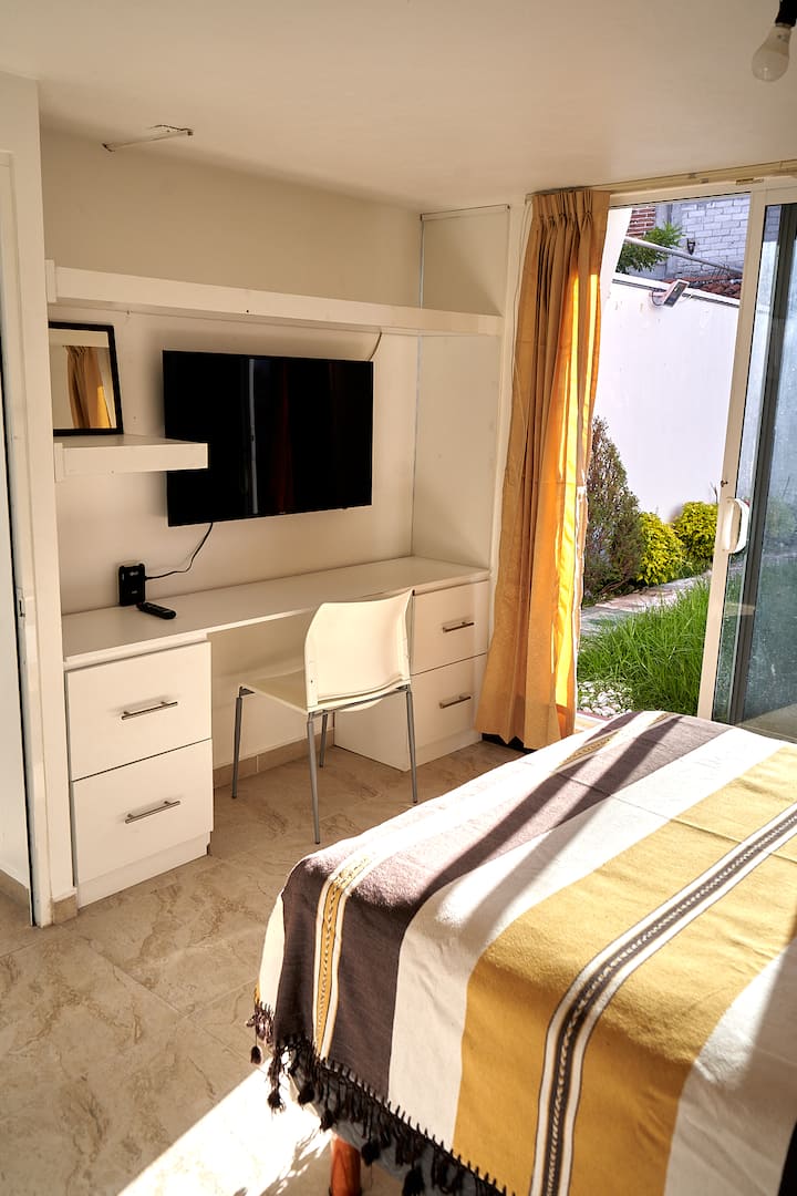 Overlooking the garden.