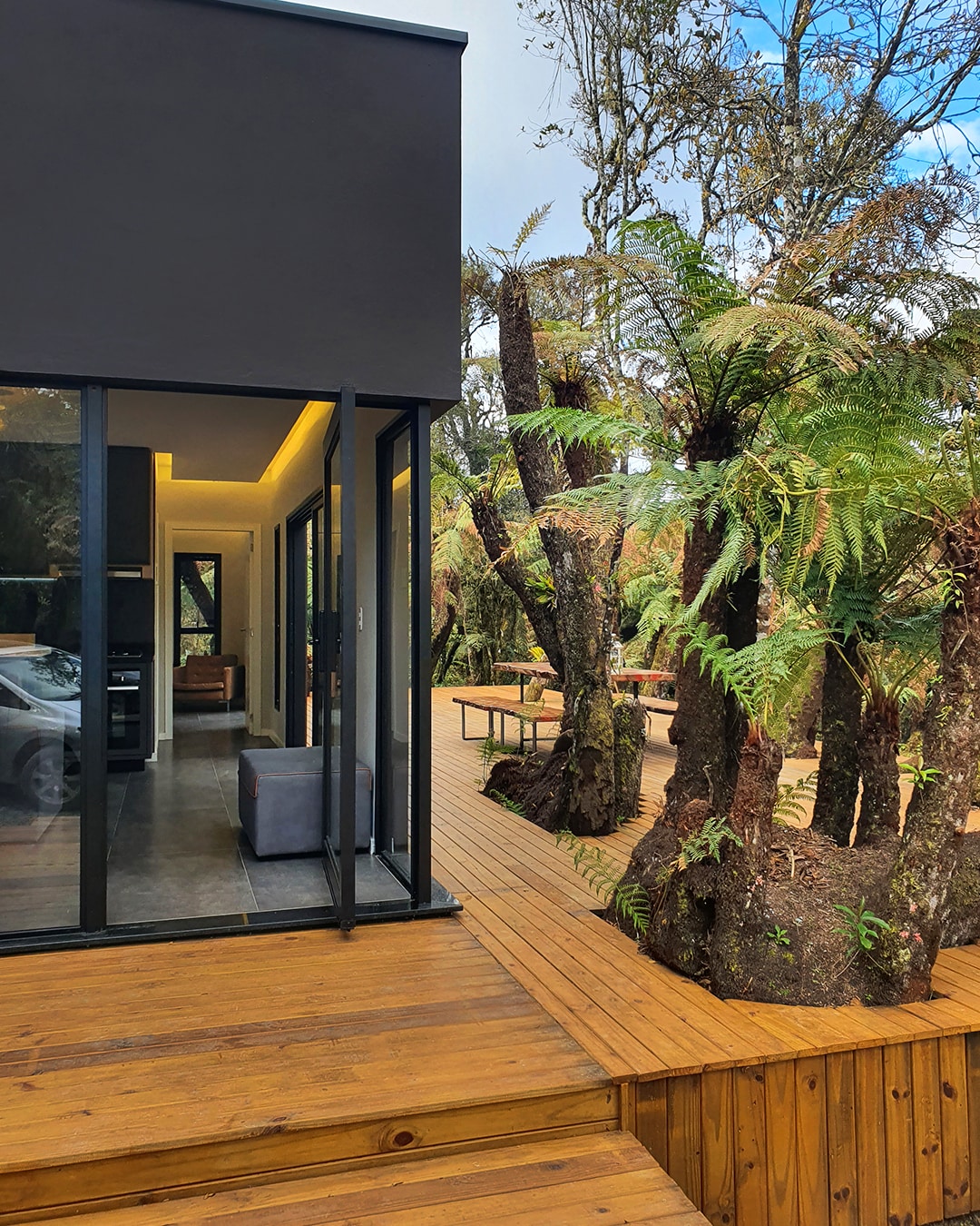 An entrance area features large glass doors, providing a view of the surrounding lush greenery. The wooden deck extends outdoors, connecting to a natural landscape with tall ferns. The modern architecture contrasts with the organic textures of the forest.