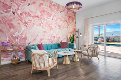 Popular Airbnb listing: PinkBlissHouz: Pool, Spa, Firepit, Themed Rooms in Desert Hot Springs