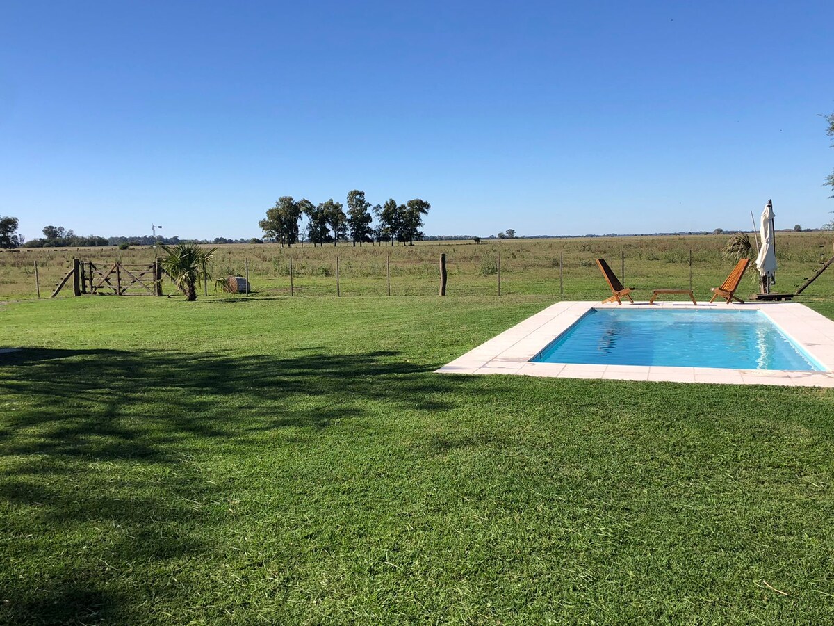 A refreshing swimming pool sits on a well-manicured lawn, surrounded by lush green grass. The open landscape stretches in the background, featuring distant trees and an expansive blue sky.