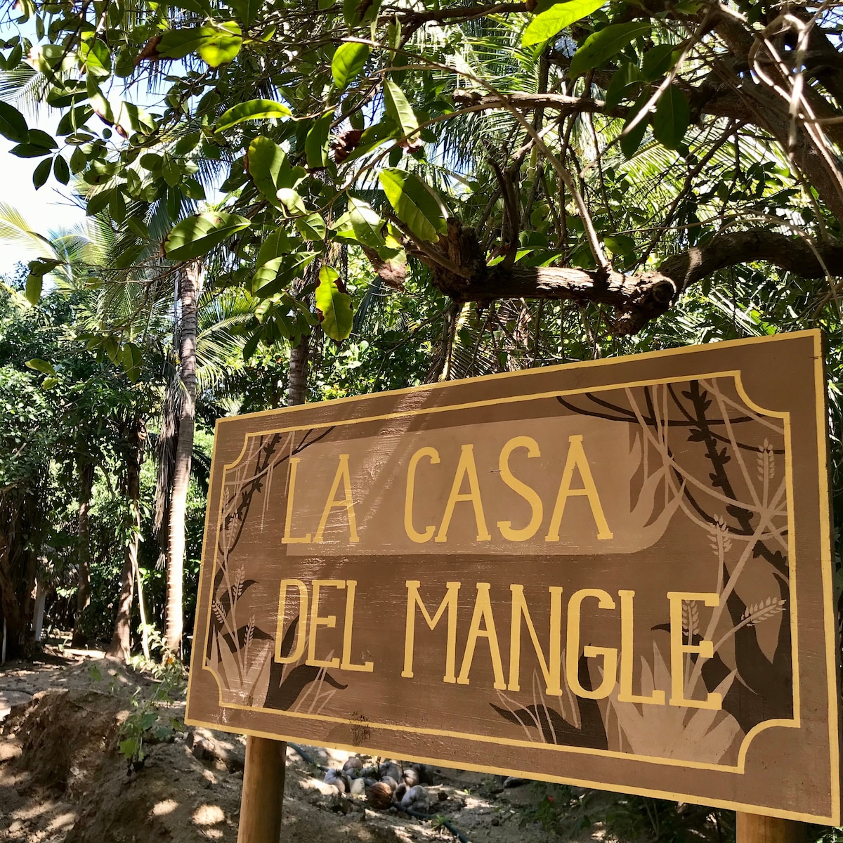 A wooden sign with the text 'LA CASA DEL MANGLE' is positioned among lush greenery. The background features dense foliage characteristic of a mangrove area, with dappled sunlight filtering through the leaves, creating a natural and serene setting.