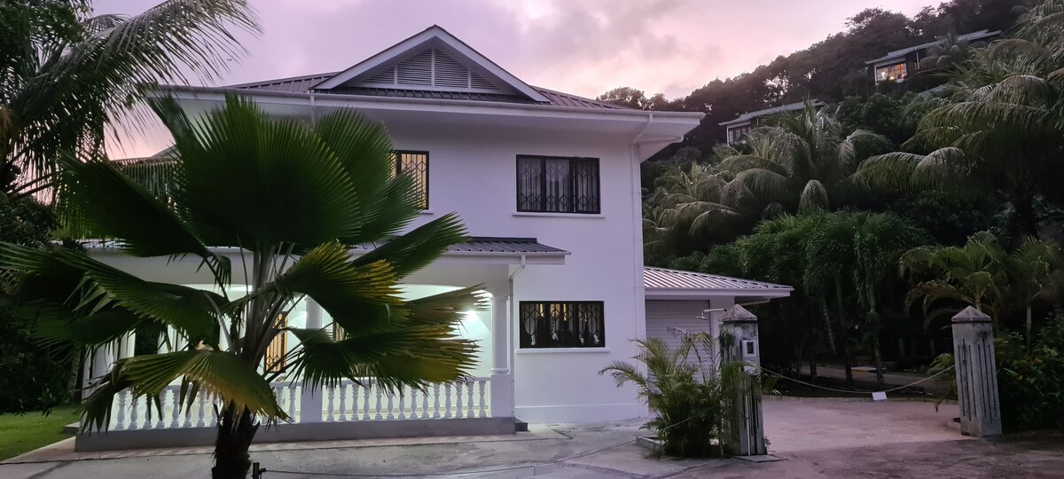 The exterior of a two-story house is showcased, featuring a white façade and a covered porch supported by columns. Lush palm trees and greenery are visible in the surrounding garden, with the sky transitioning to twilight hues in the background.