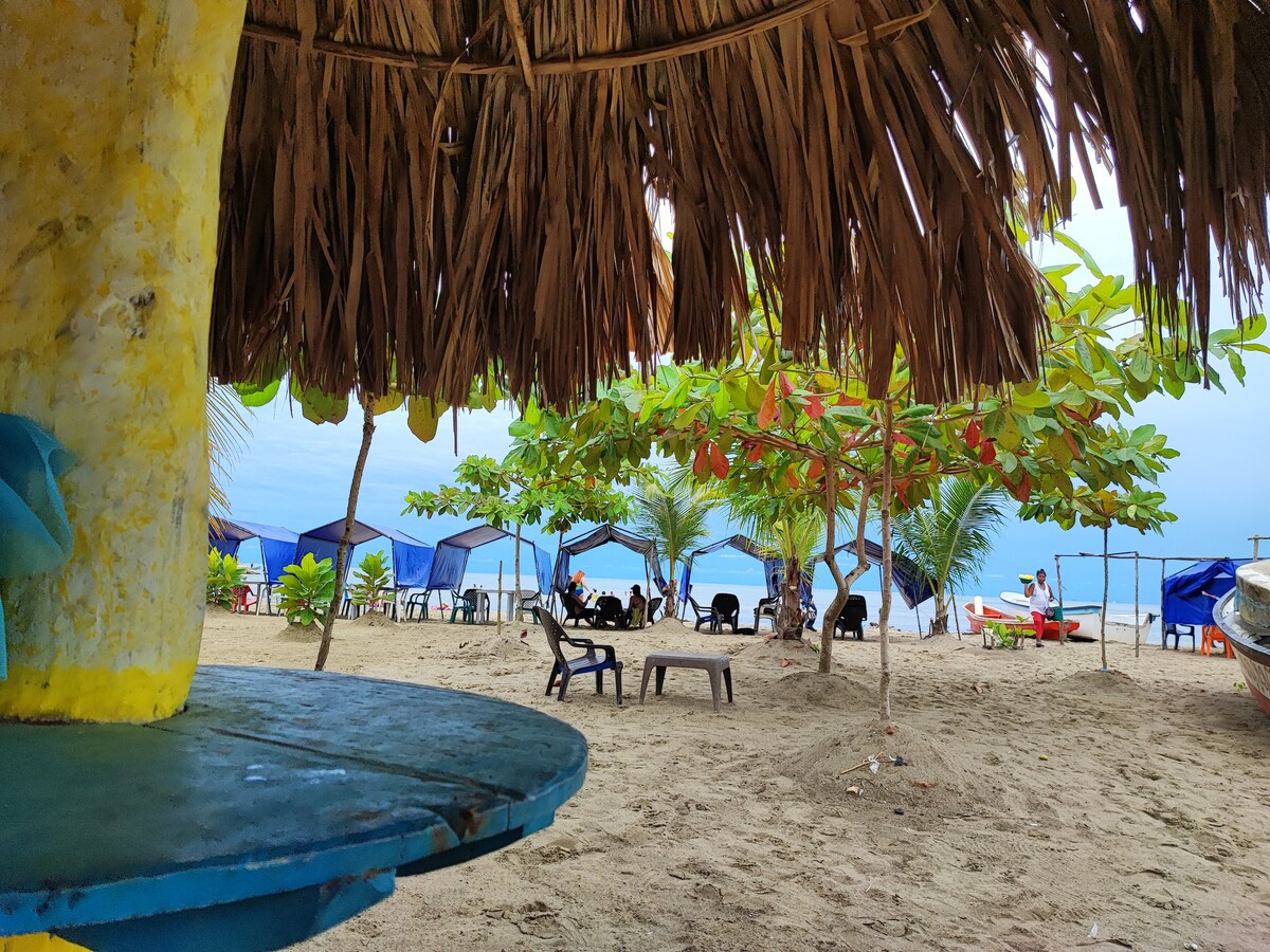 A shaded area is created by a thatched roof, featuring colorful seating options among sandy ground. Tropical foliage and palm trees can be seen in the background, with beach umbrellas providing additional shelter. The ocean is visible, framed by a serene sky.