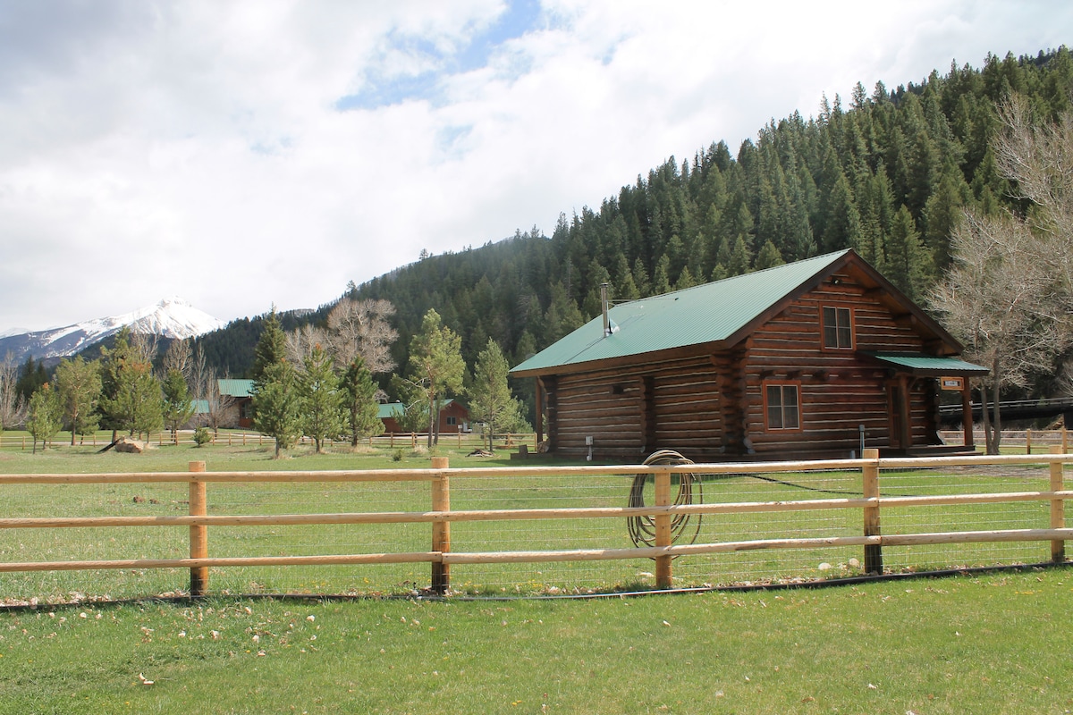 A spacious log cabin is positioned on a grassy area, surrounded by scattered trees and under a blue sky with clouds. The mountain range is visible in the background, adding to the natural setting. A wooden fence borders the property.
