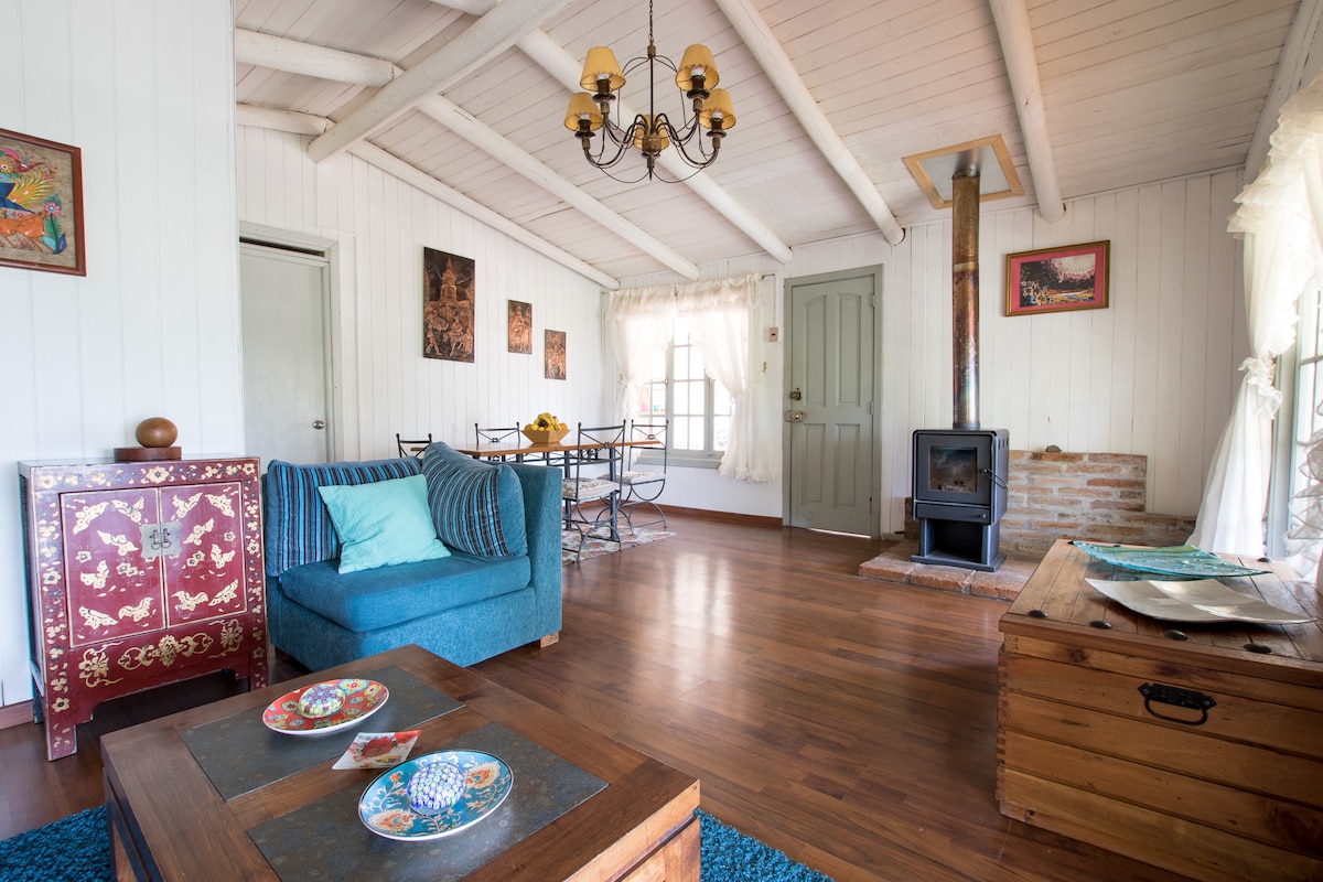 A welcoming living space features a cozy seating area with a blue couch and rustic wooden coffee table. Natural light fills the room through large windows adorned with light curtains. A dining area with a metal table and chairs is visible, along with a wood-burning stove enhancing the ambiance.