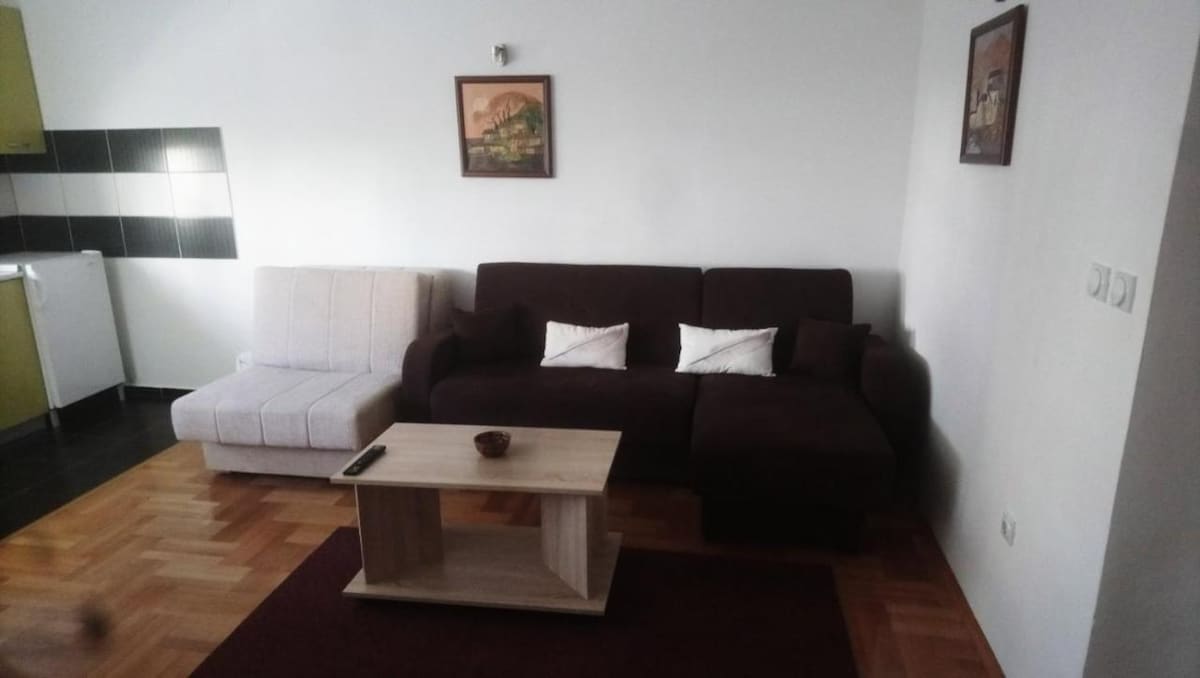 A living area is displayed with a dark brown couch and a light-colored sectional sofa. A simple wooden coffee table is positioned in front, complemented by a decorative bowl. Framed artwork is mounted on the wall, adding character to the space.