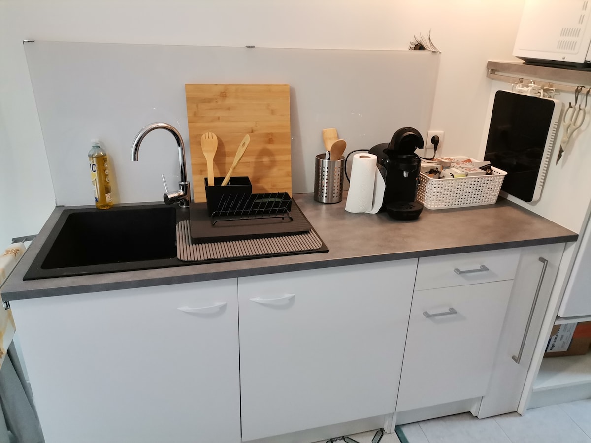 A compact kitchen area features a dark sink, equipped with a dish rack. Countertops are lined with utensils, a bottle of oil, and a coffee maker. Storage containers and a white kettle are present, showcasing a clean and functional space.