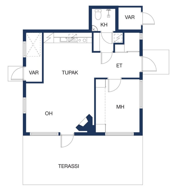 The floor plan displays the layout of a 42m2 apartment. Key areas identified include a kitchen, living room, bathroom, and two bedrooms, along with designated storage spaces. An outdoor terrace is indicated, suggesting additional recreational space.