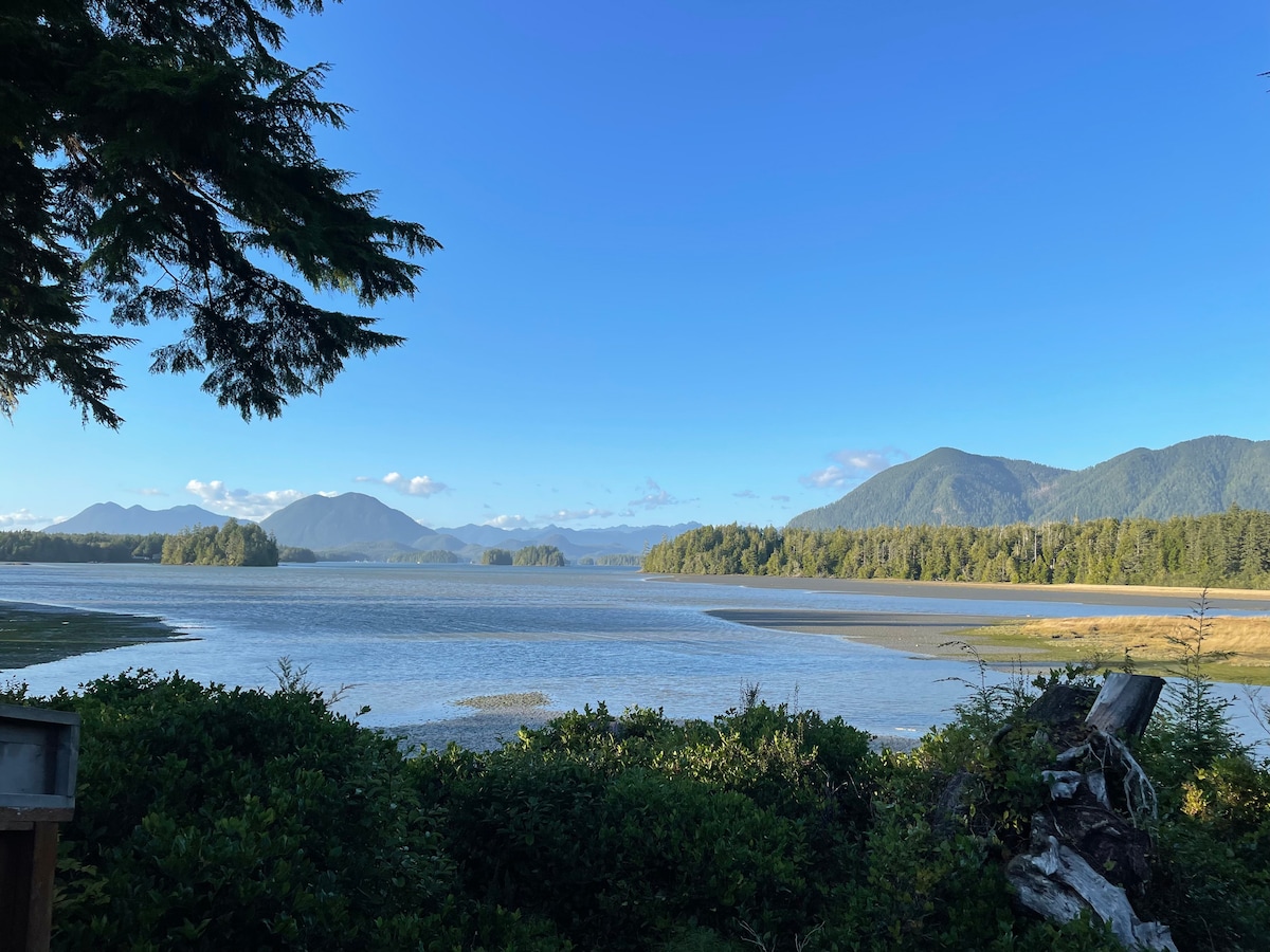 A panoramic view of Jensen's Bay is presented, featuring a serene landscape of water and lush greenery. Mountains in the background rise against a clear blue sky, while gentle waves reflect the tranquil surroundings. Vegetation in the foreground adds depth to the scenic vista.