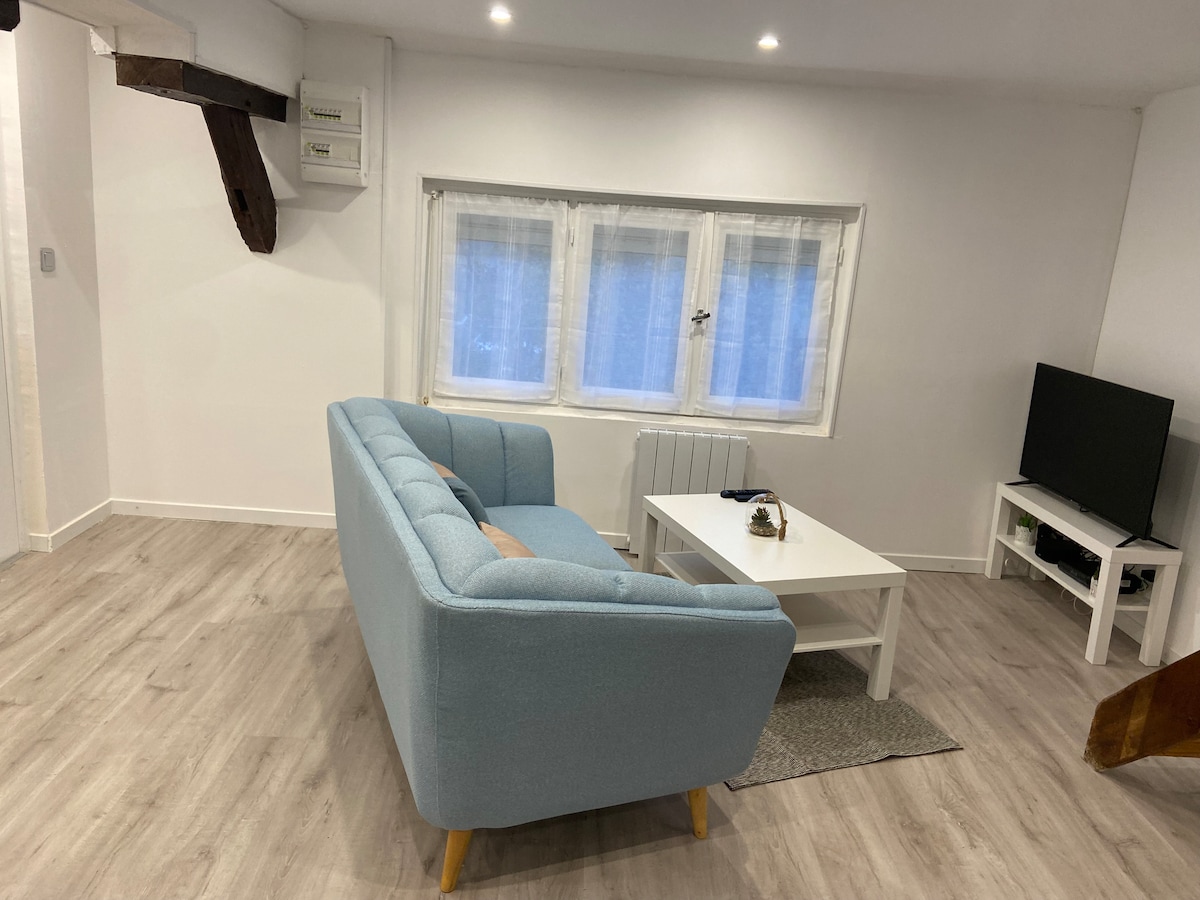 A light-filled living area features a soft blue sofa and a white coffee table, positioned on a light wood floor. A flat-screen television is situated on a low white media console, while a cozy area rug lies underneath, enhancing the overall spaciousness.
