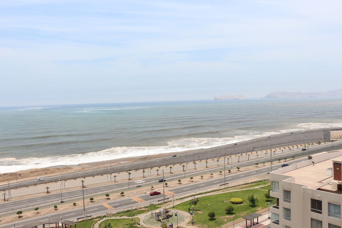 An expansive view of the ocean is captured, with gentle waves lapping against the shore. A coastal promenade lined with palm trees runs parallel to the beach, enhancing the serene coastal landscape. In the distance, the horizon meets the sky, creating a peaceful atmosphere.