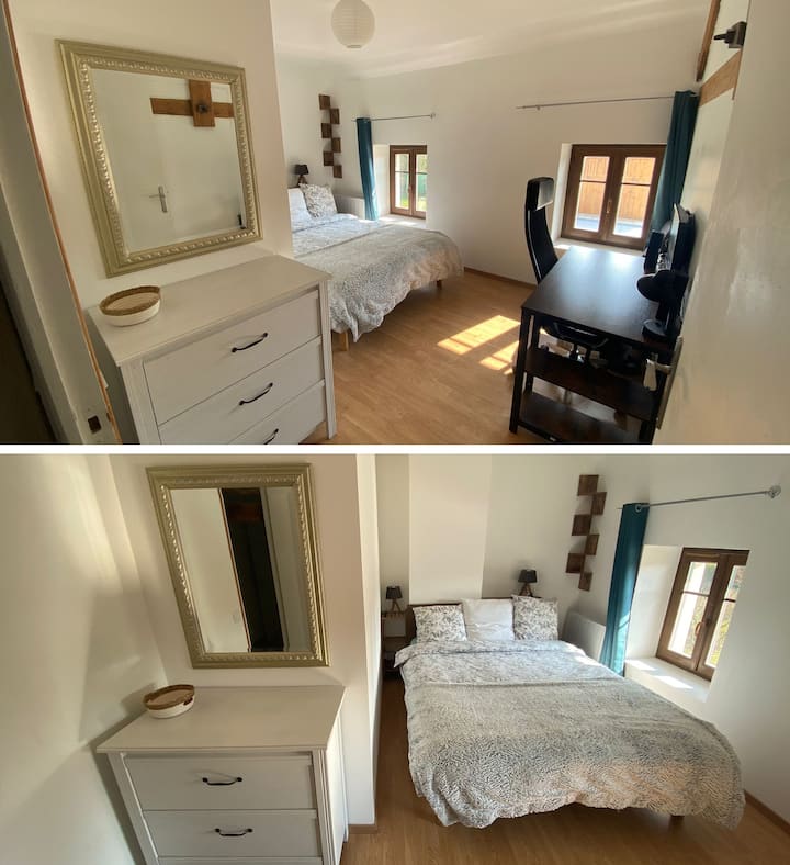 غرفة النوم 1 (الطابق ):- 
1 سرير 160 × 200
- مكتب
- خزانة ملابس
- شاشة الوسائط