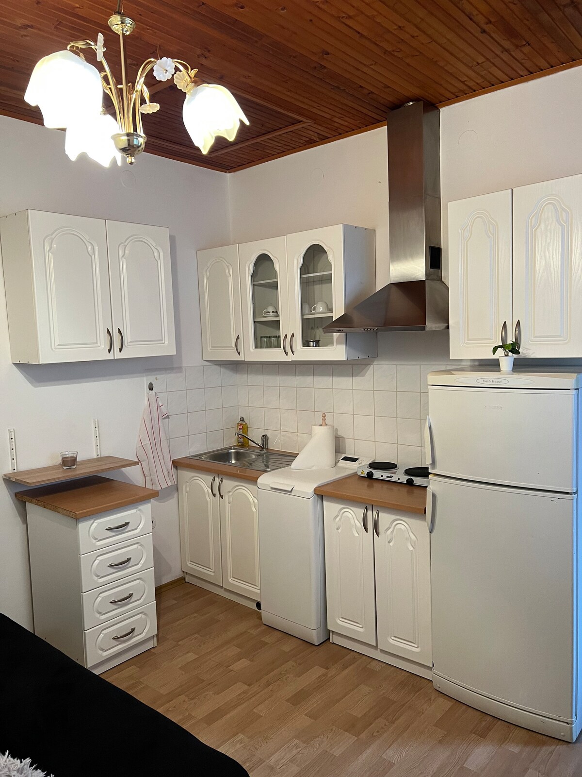 The compact kitchen features white cabinets with intricate designs and essential appliances. It includes a sink, stove, and refrigerator, with a washing machine nearby. Ample countertop space is available for meal preparation, and the light wood flooring adds warmth to the room.