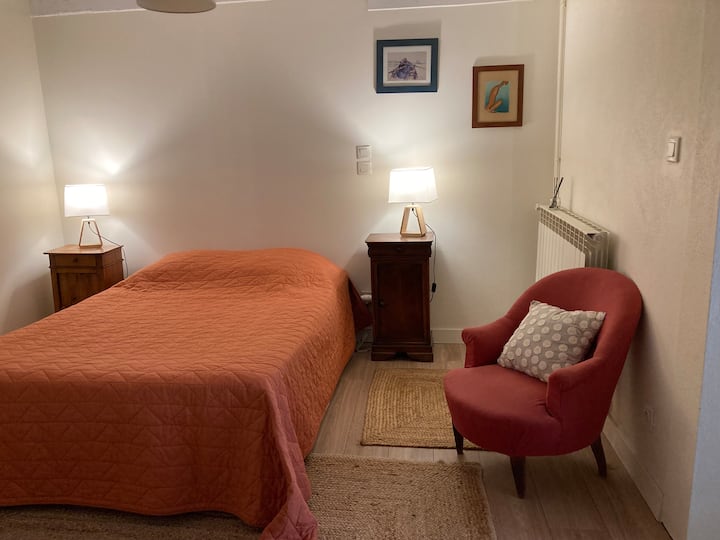 Una habitación doble en la planta baja que tiene un baño con ducha y un inodoro privado.