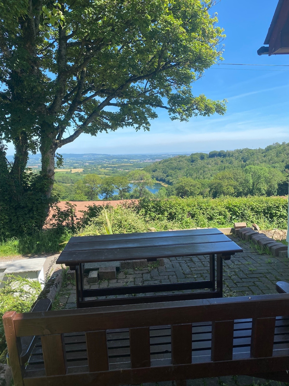 A tranquil outdoor seating area is visible, featuring a wooden table surrounded by stone pavers and lush greenery. A large tree provides shade while offering a scenic view of the landscape, including rolling hills and a body of water in the distance.