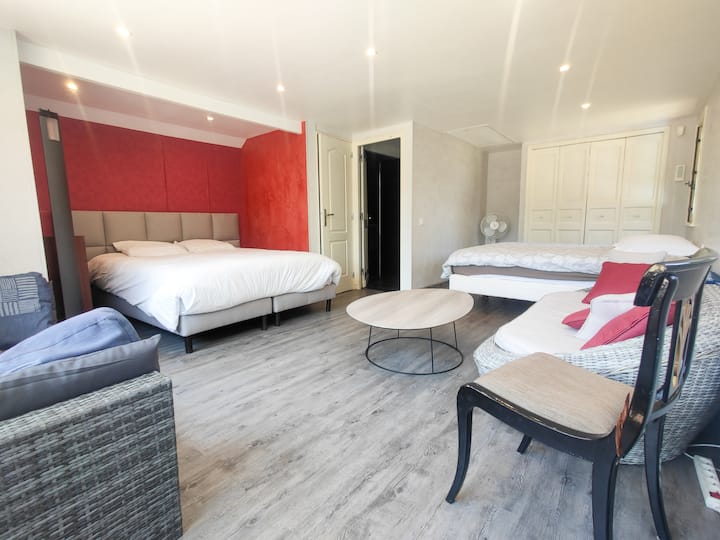 Შესანიშნავი გარე შენობა 40 მ2, სრული კომფორტით, 2 საწოლით: 1 საწოლი 180 სმ და 1 საწოლი 160 სმ,  მისი პატარა მისაღები ოთახი და პატარა ოფისი. Ფიქალის სააბაზანო. Უნიტაზის ოთახი. შედის პირსახოცები. Ხალათები. ახალი თეთრეული. 