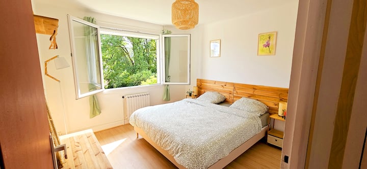 Bedroom double bed with garden views