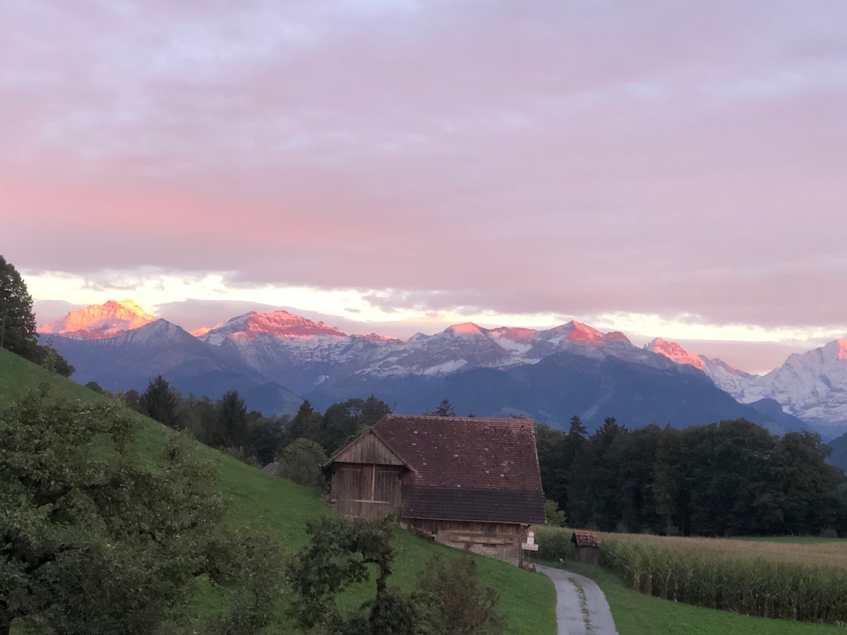 A scenic landscape is presented, featuring distant mountains illuminated by sunset hues. A rustic wooden building sits nearby, surrounded by lush greenery. A winding path leads from the house, enhancing the serene atmosphere of the rural setting.