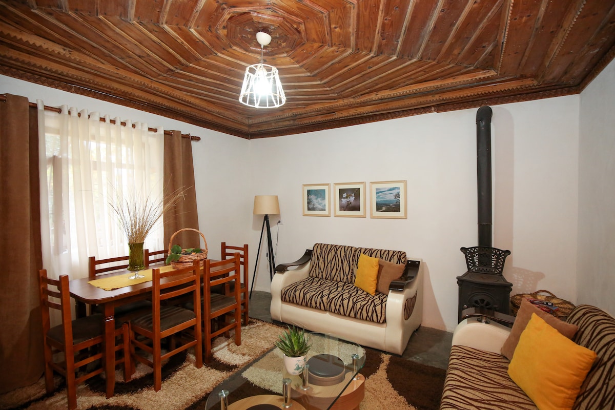 A warm living area features a wooden ceiling with decorative beams. Two sofas, one with an accent pillow, are arranged around a coffee table. A dining table with wooden chairs is positioned nearby, complemented by a standing lamp and framed photographs on the wall.