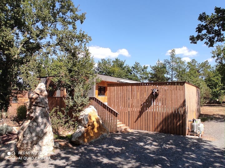 A wooden lodge is nestled among mature oak trees, featuring a natural stone pathway leading to a wooden deck with steps. The structure blends harmoniously with the surrounding landscape, showcasing a serene, outdoor environment.