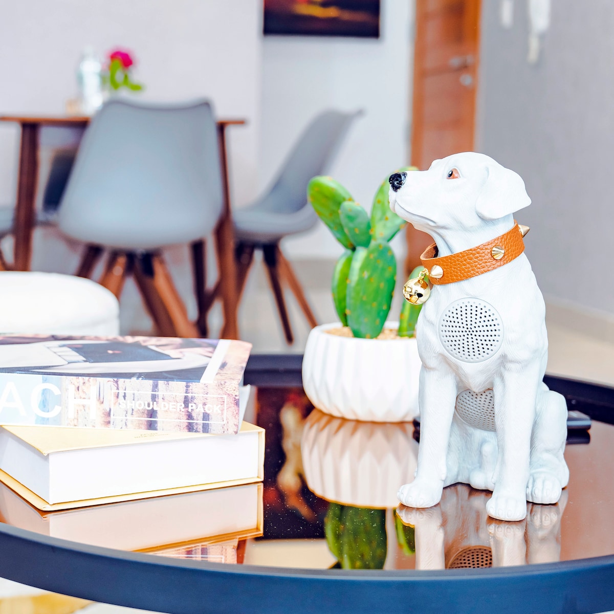 A decorative table is showcased with a white dog figure wearing a brown collar, positioned next to small potted plants. A stack of books and magazines is placed on the table, providing a cozy ambiance to the living area.