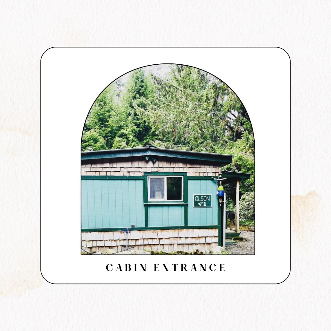 The cabin entrance features a green exterior with wooden shingles and a window. Surrounding trees enhance the natural setting, providing privacy and a serene atmosphere. A sign reading 'OLSON #1' marks the entrance, inviting guests into a tranquil retreat.