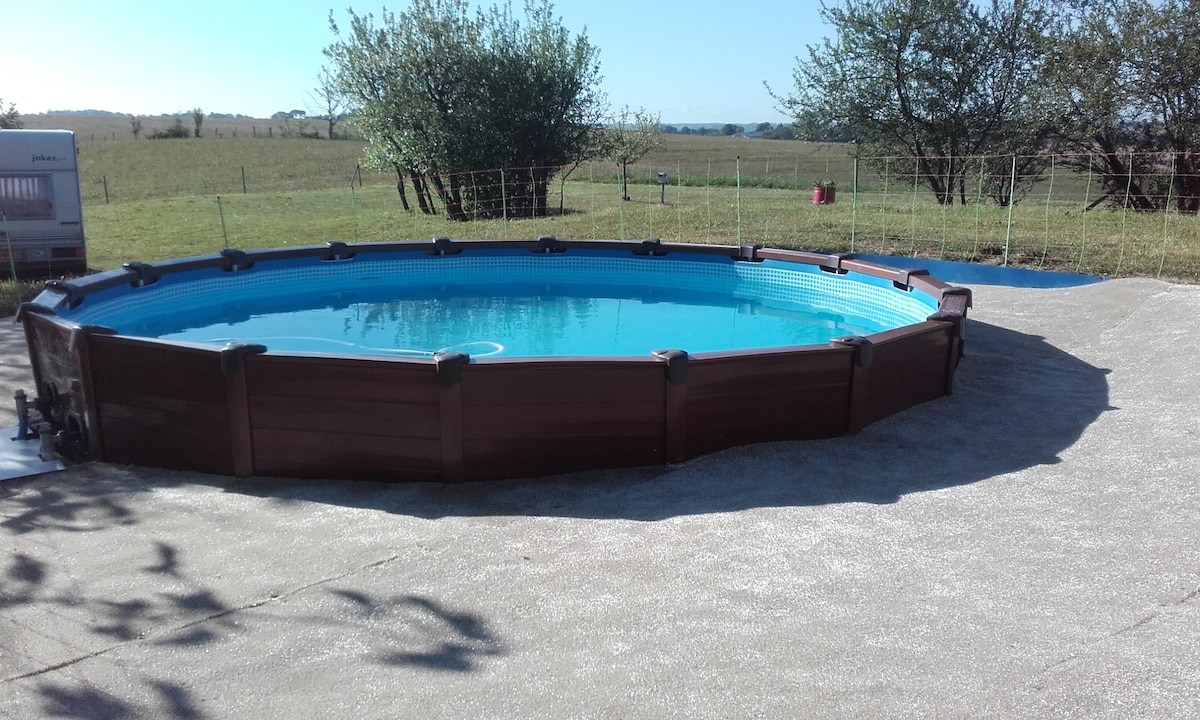 A circular swimming pool is set on a concrete surface, surrounded by a grassy area. The clear blue water reflects natural light, enhancing the sense of openness. Nearby trees and a distant field create a peaceful outdoor setting.