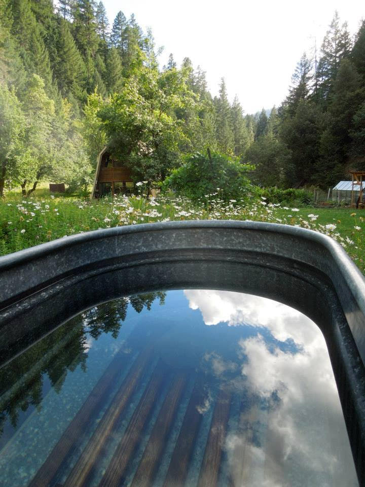 An intimate wood-fired hot tub is surrounded by vibrant wildflowers and lush greenery. The surface of the water reflects the blue sky and fluffy clouds, creating a serene atmosphere in this secluded wilderness setting.