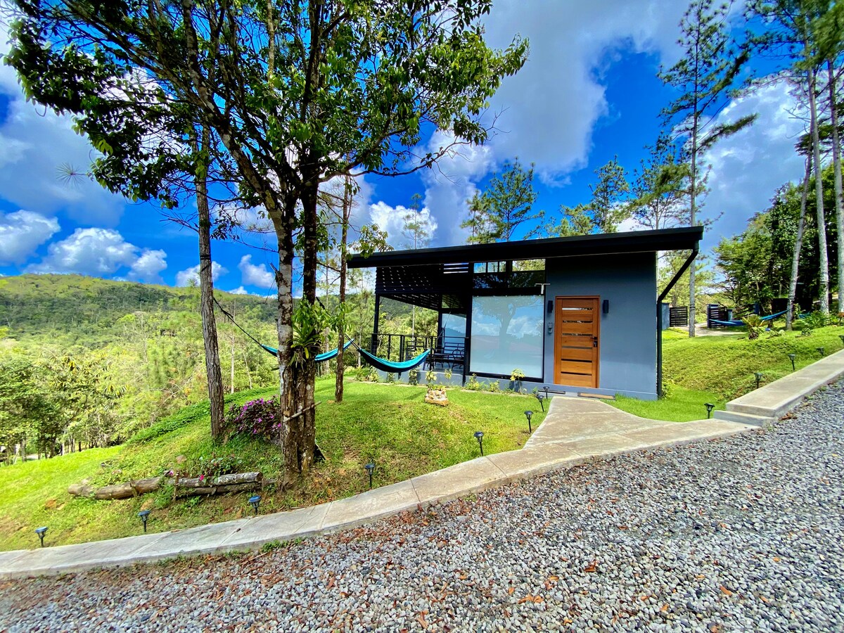 A modern cabin is positioned on a hillside, surrounded by lush greenery. The structure features large windows and a wooden door. A hammock is suspended between two trees nearby, inviting relaxation amidst the tranquil landscape. Bright blue skies and scattered clouds create a serene backdrop.