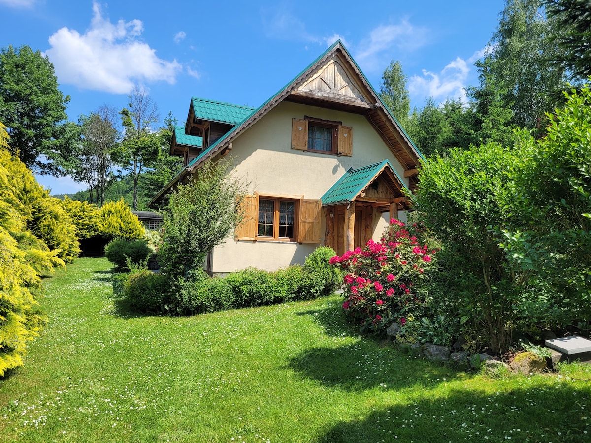 A two-story house with a green roof is surrounded by a well-maintained garden, featuring vibrant flowers and lush greenery. Wooden shutters adorn the windows, enhancing the home's rustic charm. Clear blue skies provide a bright backdrop for this inviting outdoor setting.