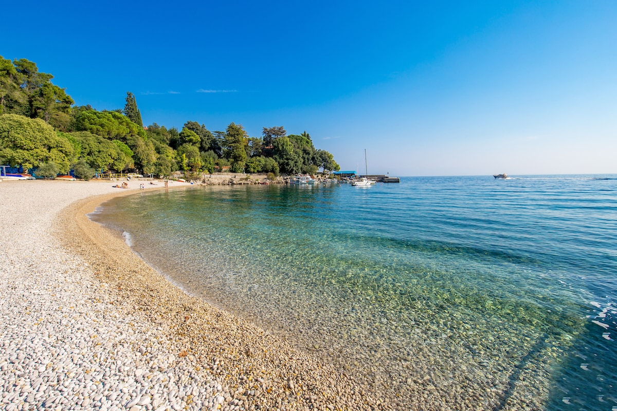 A serene beach area features gentle waves lapping against a curved shoreline. The sandy and pebbled beach is framed by lush greenery, while calm blue water stretches into the distance under a clear sky.