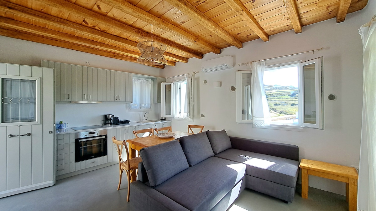 The central room features a modern kitchen with a built-in oven and dining area for four, complemented by a corner sofa bed. Natural light floods in from multiple windows, enhancing the open layout. Wooden beams add a touch of warmth to the space.